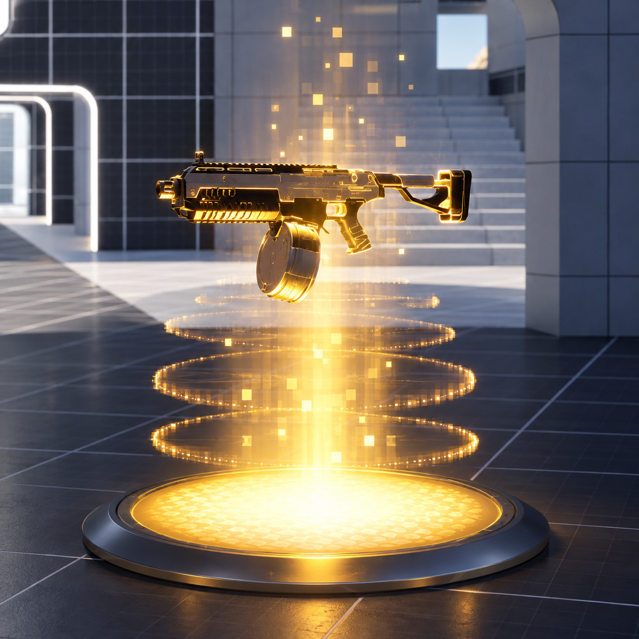 Weapon pickup showing the gun mesh and the colored pad beneath it.
