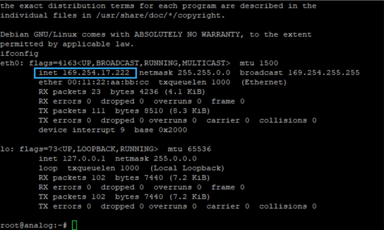 COM console showing ifconfig output with the Stratix 10 board Ethernet IP address