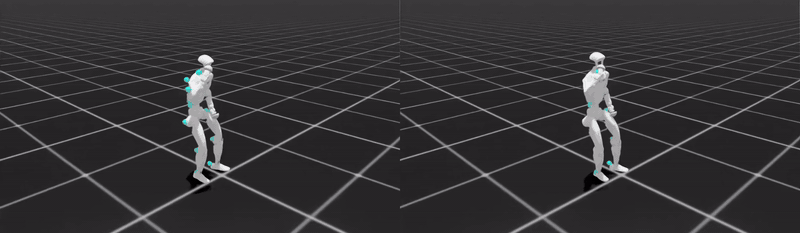 Simulation · official ScaleBFM-M (left) and SuperMimic (right), unseen LAFAN dance