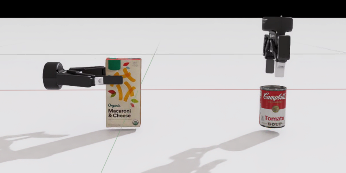 Isaac Sim scene used for authoring grasps for the Robotiq 2F-140 or 2F-85 grippers with the "soup can" or "mac and cheese" objects