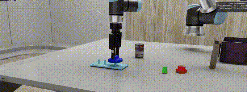 Isaac Sim scene used for gear insertion policy with the gear and peg stand objects