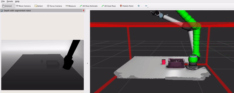RViz visualization of Isaac for Manipulation pick and place for a robot simulated in Isaac Sim