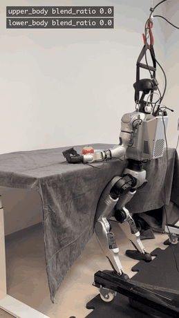Deploying the fine-tuned policy on the Unitree G1: lower-body joints enable first for balancing, then upper-body joints pick up the apple