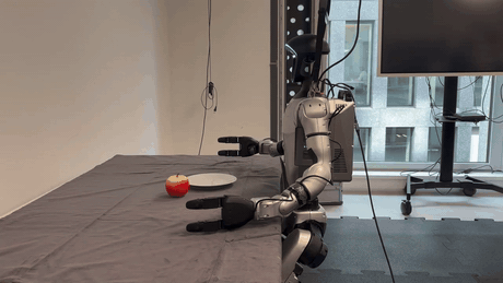 Unitree G1 placing an apple on a plate with a fine-tuned GR00T policy