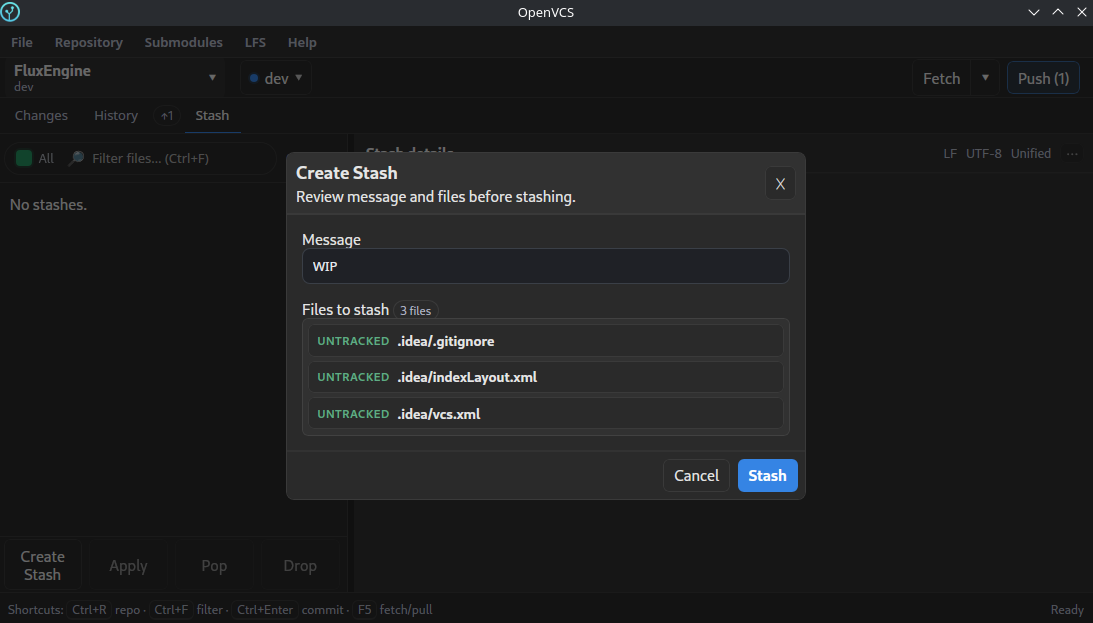 OpenVCS stash workflow screenshot