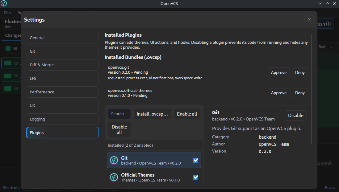 OpenVCS customization and extension settings screenshot