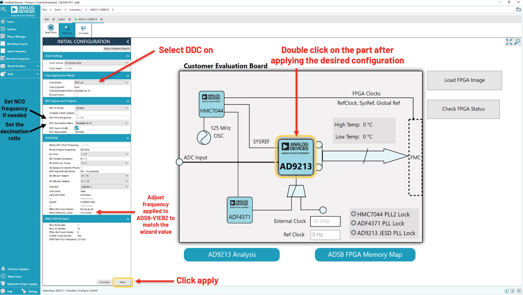 ACE Initial Configuration menu with default DDC settings applied for on-board clocking