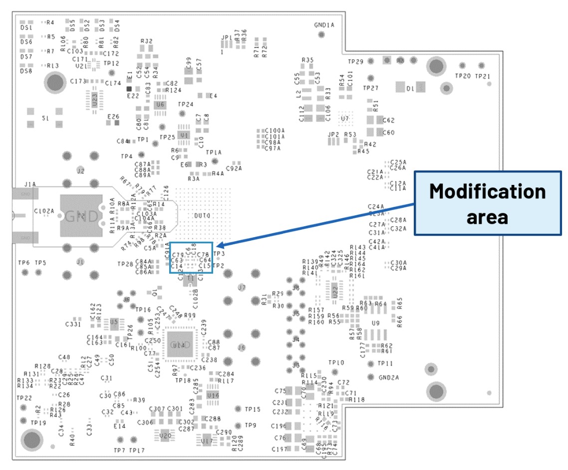 Board area highlighting the clocking capacitor modification locations
