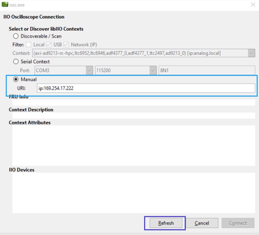 IIO Oscilloscope connection dialog with manual IP entry