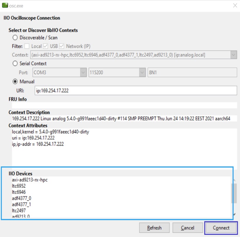 IIO Oscilloscope showing all devices on the evaluation board ready to connect