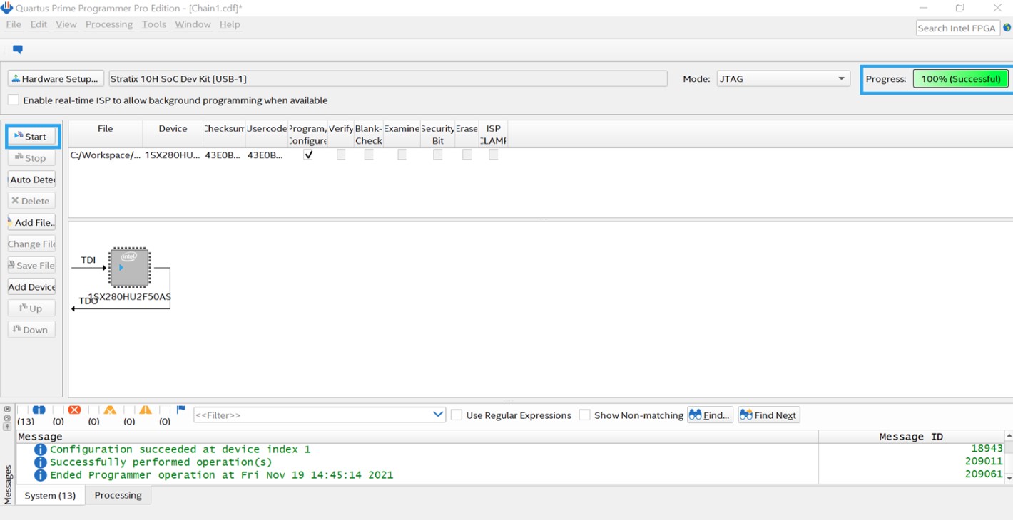 Quartus Prime Programmer showing programming progress for the AD9213-DUAL-EBZ FPGA image