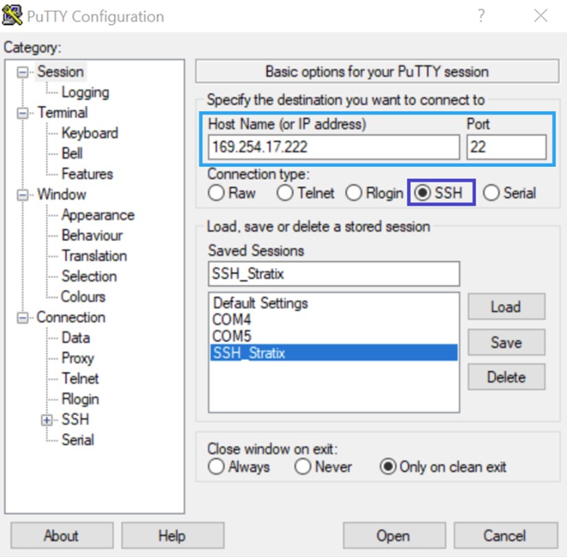 Configuration dialog with SSH connection settings for the Stratix 10 SX SoC board