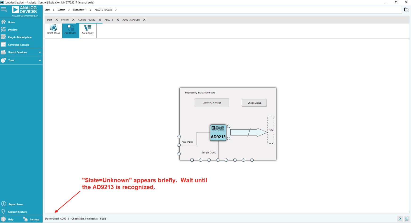 ACE board view showing AD9213/9217 with status indicators