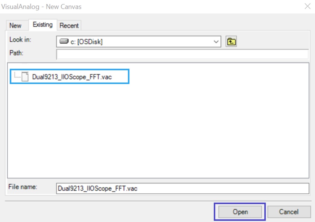 VisualAnalog canvas selection dialog for the dual AD9213 Synchronized 10G Mode