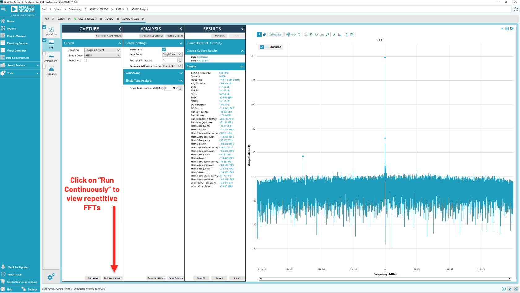 ACE analysis page showing repetitive FFT running continuously in DDC mode