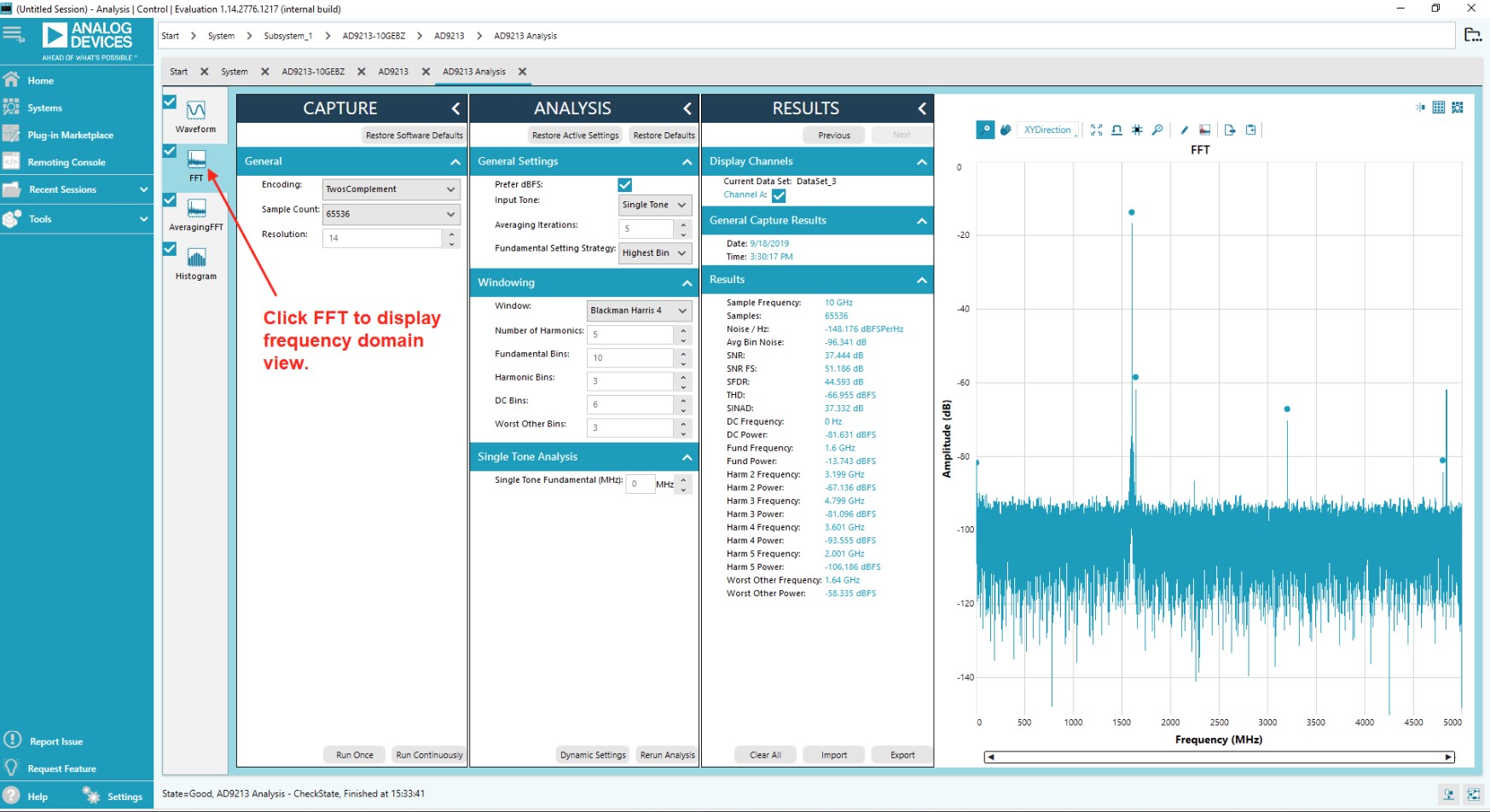 ACE analysis page showing the frequency domain FFT view