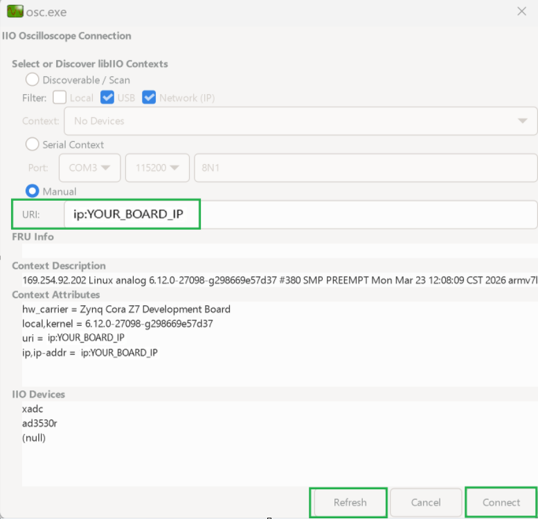IIO Oscilloscope connect dialog showing AD3530R detected