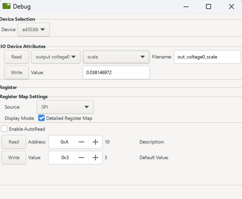 IIO Oscilloscope debug panel showing AD3530R channel attributes