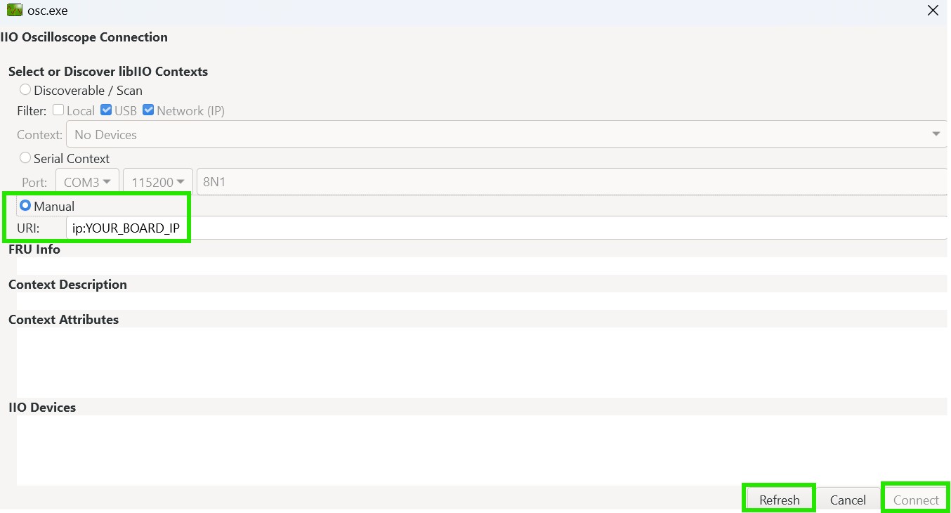 IIO Oscilloscope connect dialog