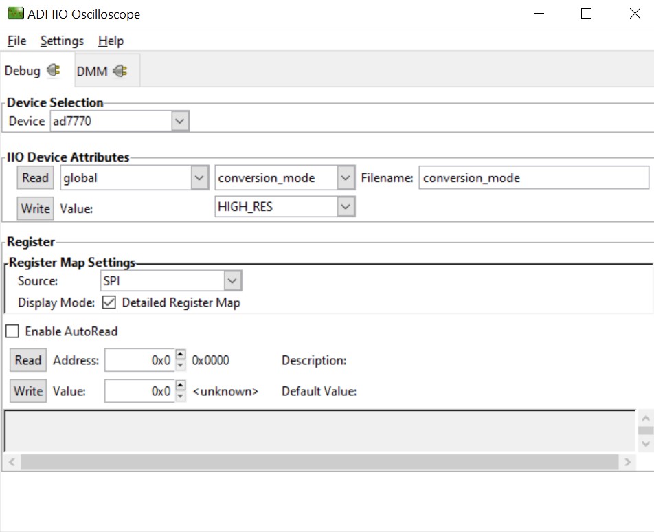 IIO Oscilloscope debug window with AD777x attributes