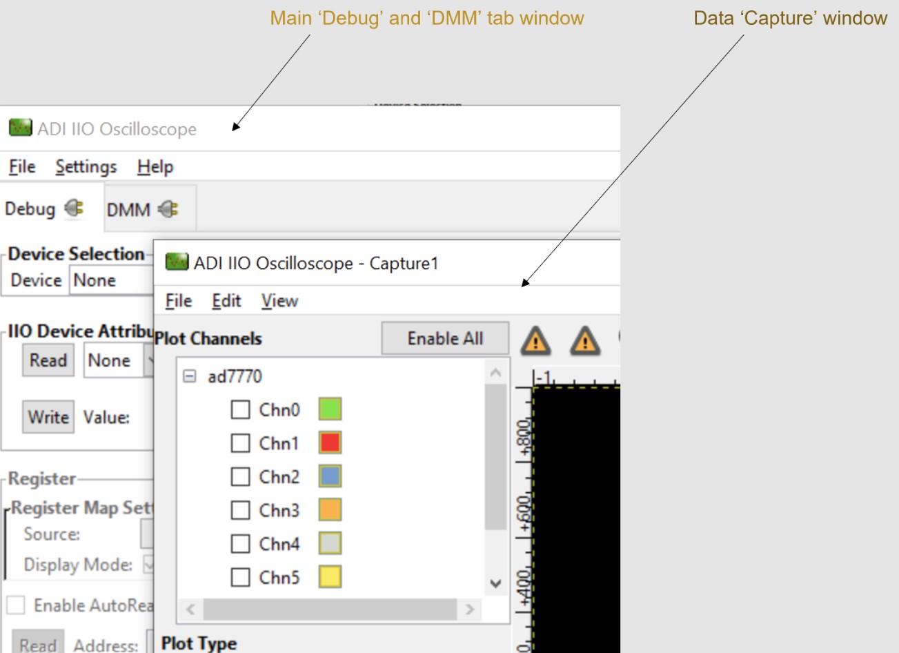 IIO Oscilloscope main window after connecting