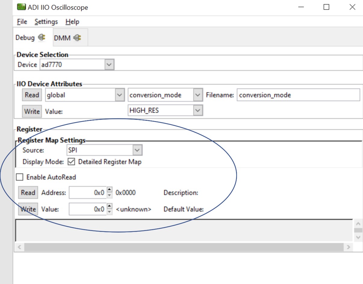 IIO Oscilloscope register map tab