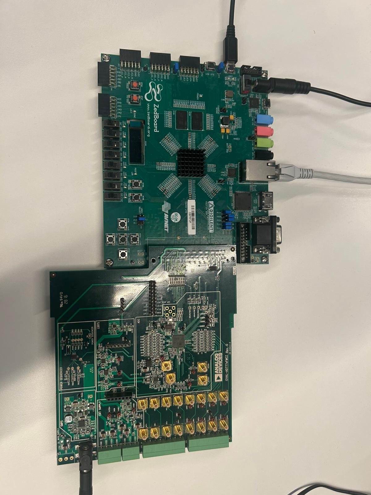 ZedBoard with EVAL-AD7770-AD7779 mounted on the FMC LPC connector, showing UART and Ethernet connections