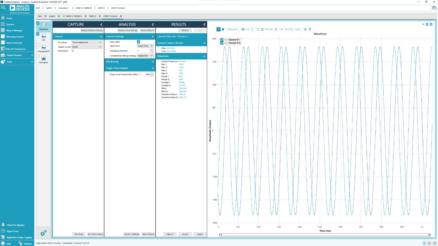 ACE analysis page showing time domain waveform after Run Once in DDC mode