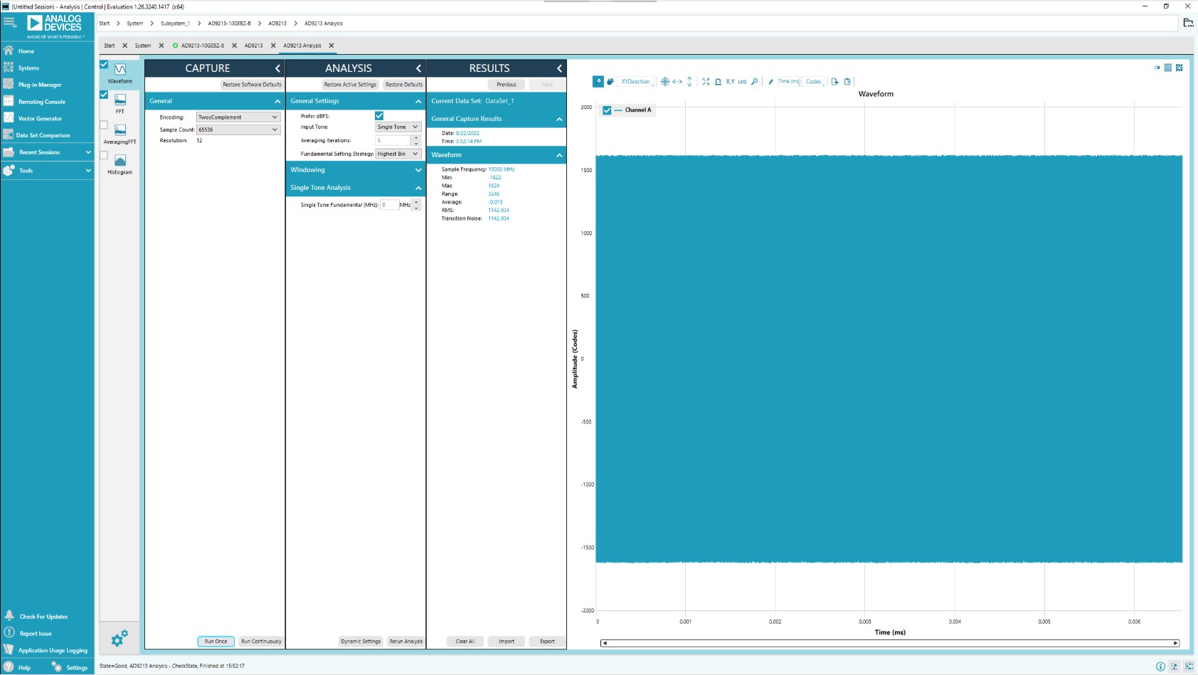 ACE analysis page showing time domain waveform after Run Once in full bandwidth mode