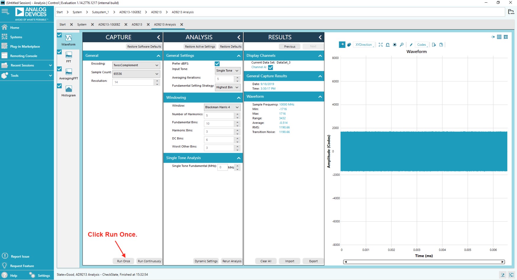 ACE analysis page after clicking Run Once, showing time domain data