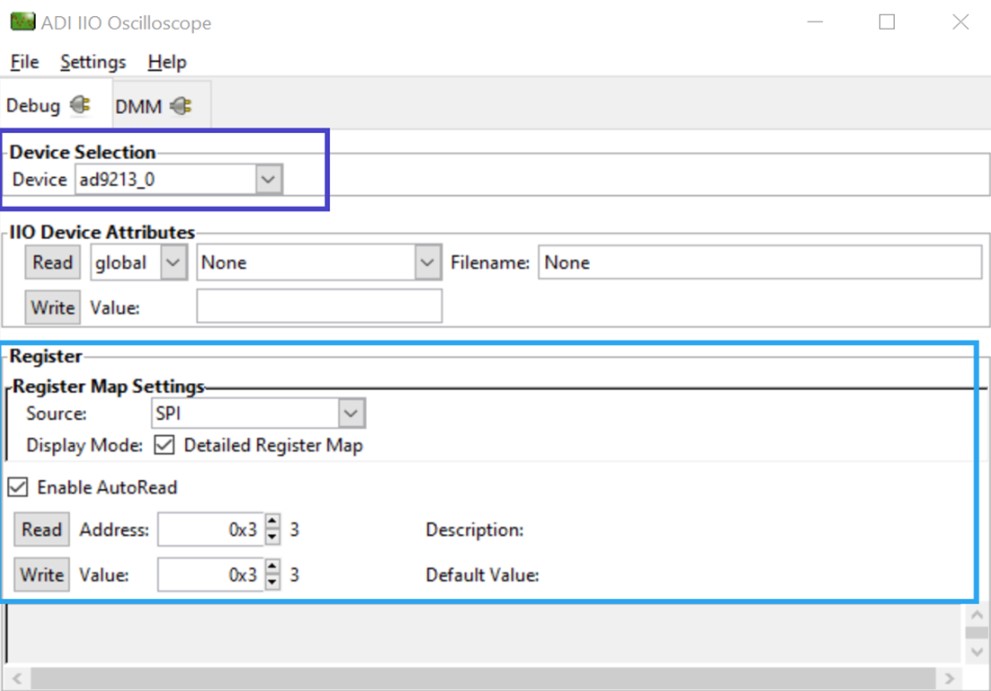 IIO Oscilloscope Controller view showing SPI register read/write interface