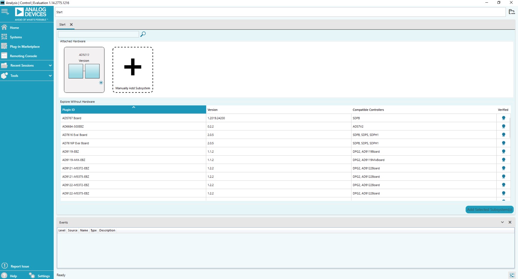 ACE software start page with AD9213/AD9217 plugin listed