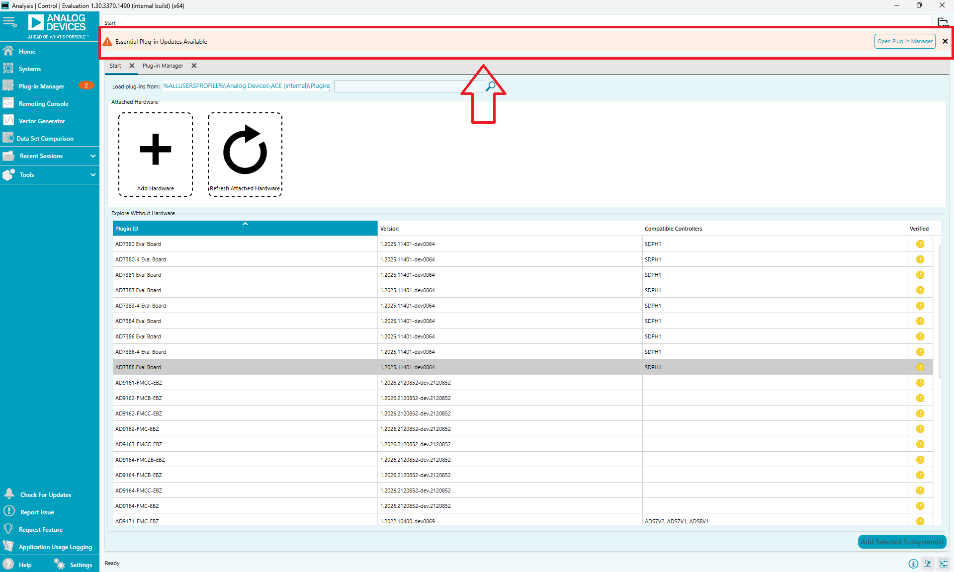 https://media.githubusercontent.com/media/analogdevicesinc/documentation/main/docs/solutions/reference-designs/eval-ad7490ardz/images/ace-essential-plugin-updates-available.png