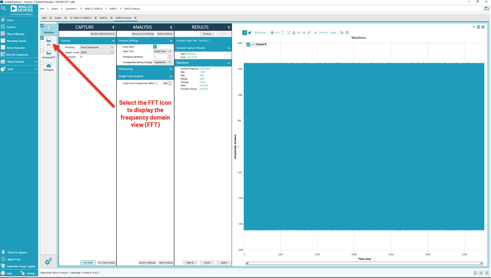 ACE analysis page showing the FFT frequency domain view in full bandwidth mode