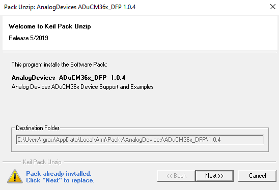 Manual installation of ADuCM36x Software Pack