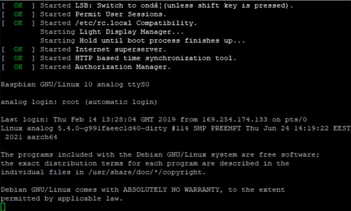 COM console showing the completed boot process and initialization output