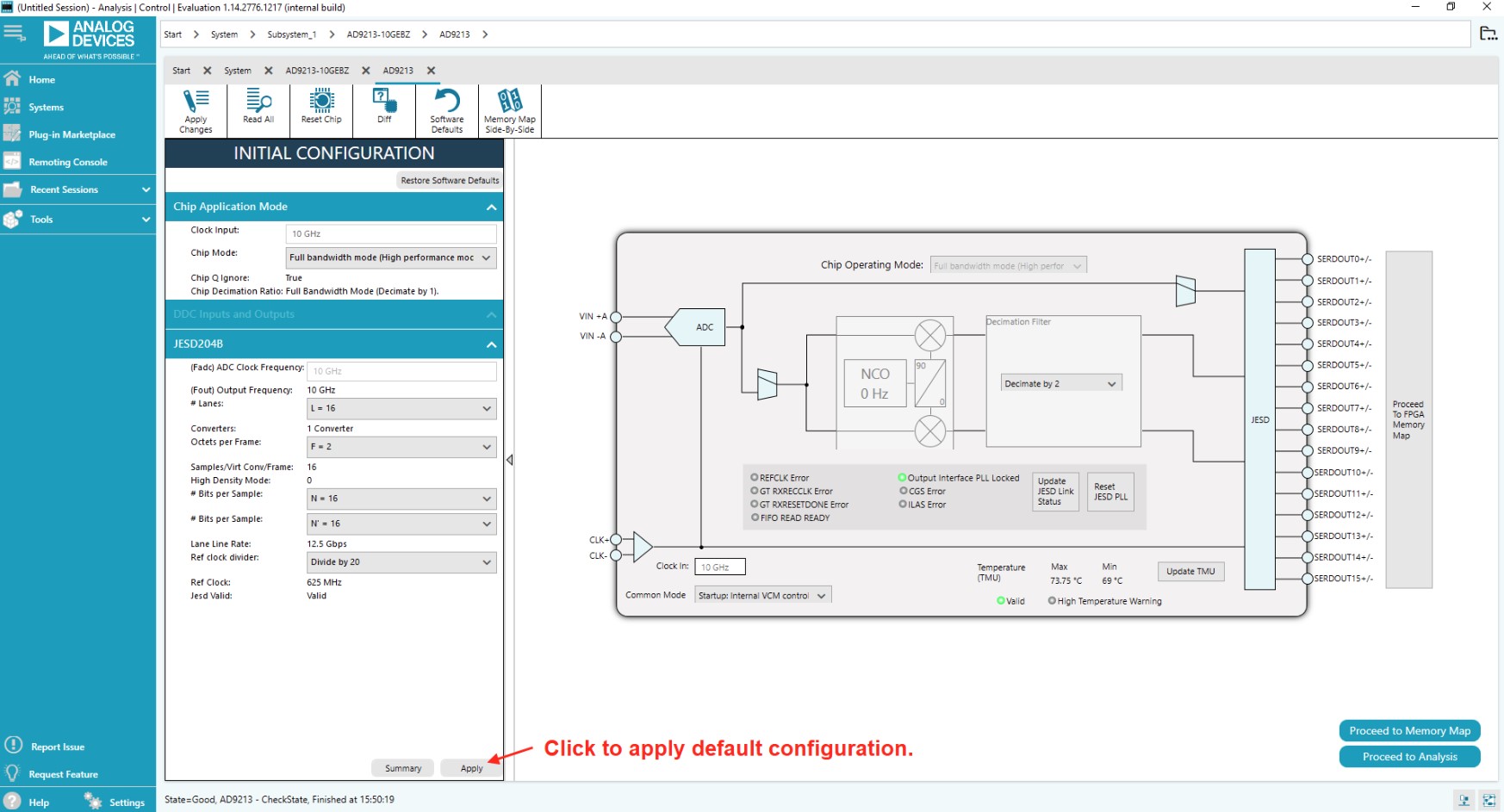 ACE chip view for AD9213/9217 with default configuration options
