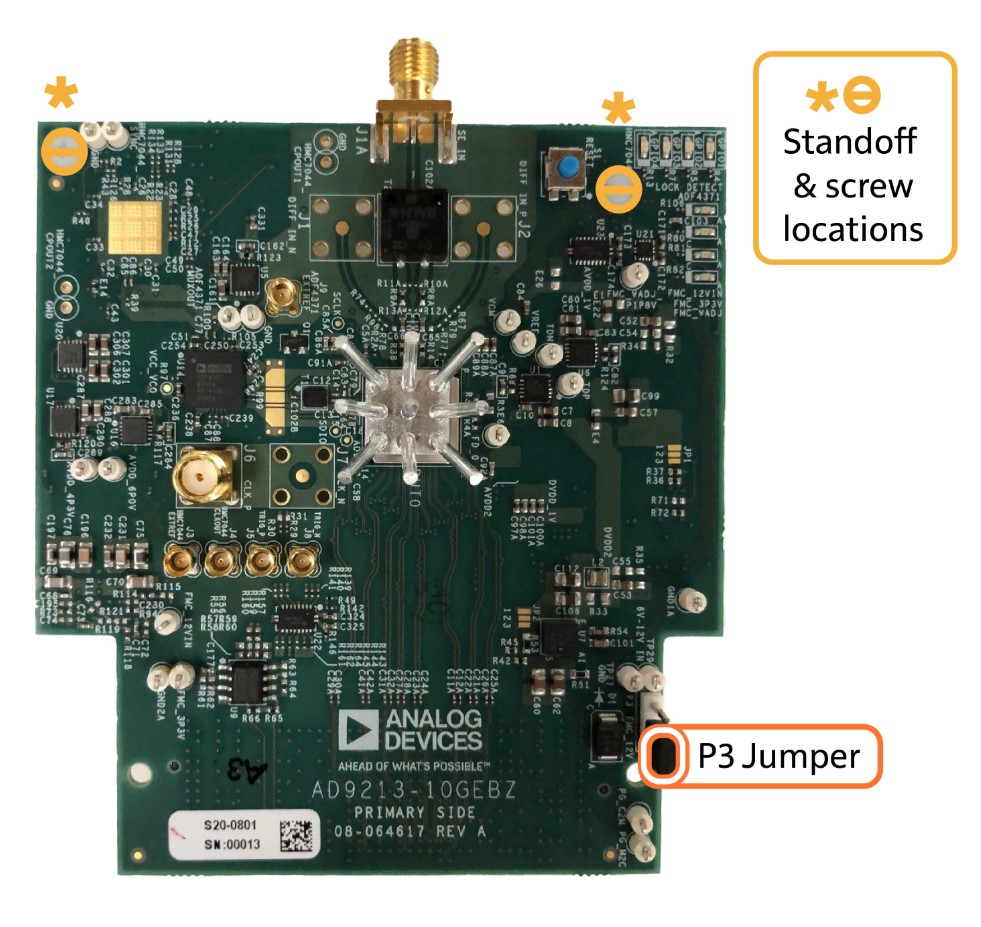 AD9213-10GEBZ-B board showing P3 jumper and standoff positions