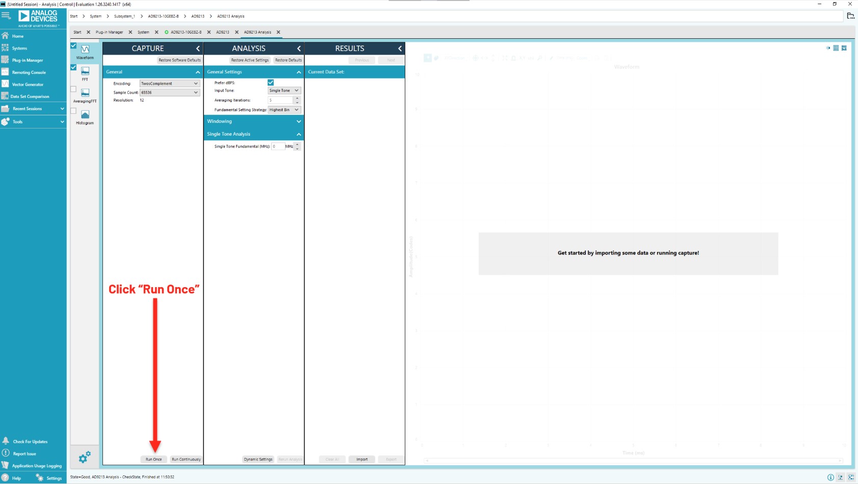 ACE analysis page ready for data capture