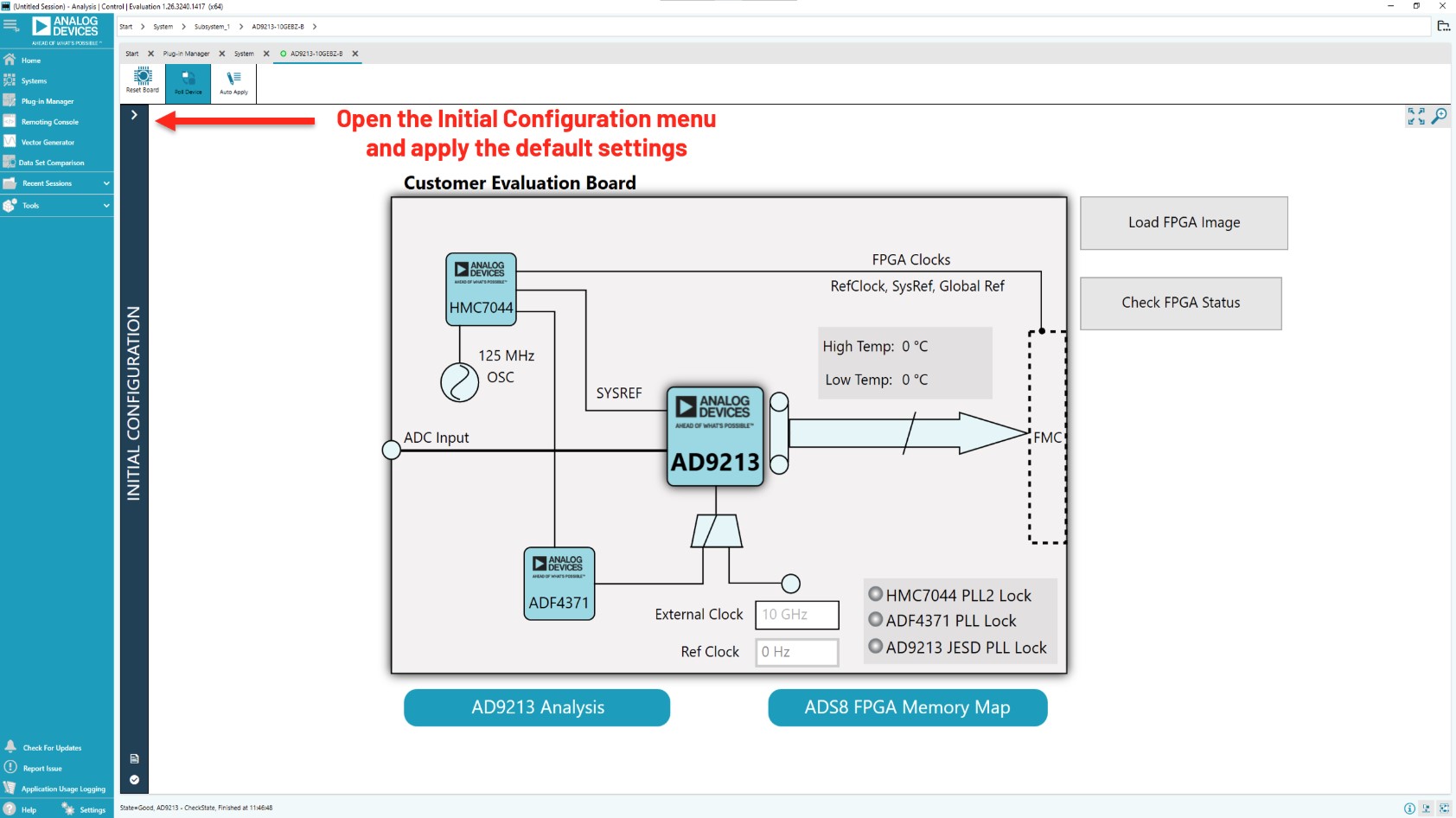 ACE showing the Initial Configuration menu opened for on-board clocking