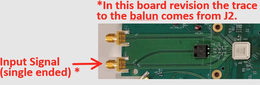 Input signal cable connected to RF connector J3 on the evaluation board