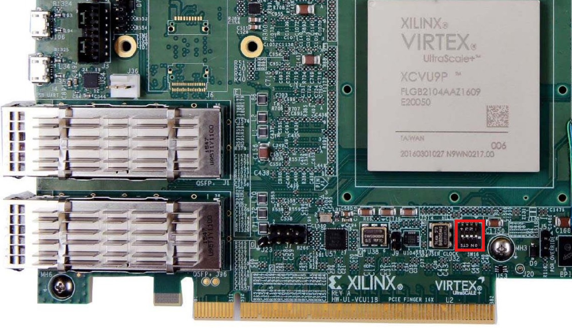 SW16 DIP switch positions on the VCU118 for JTAG boot mode