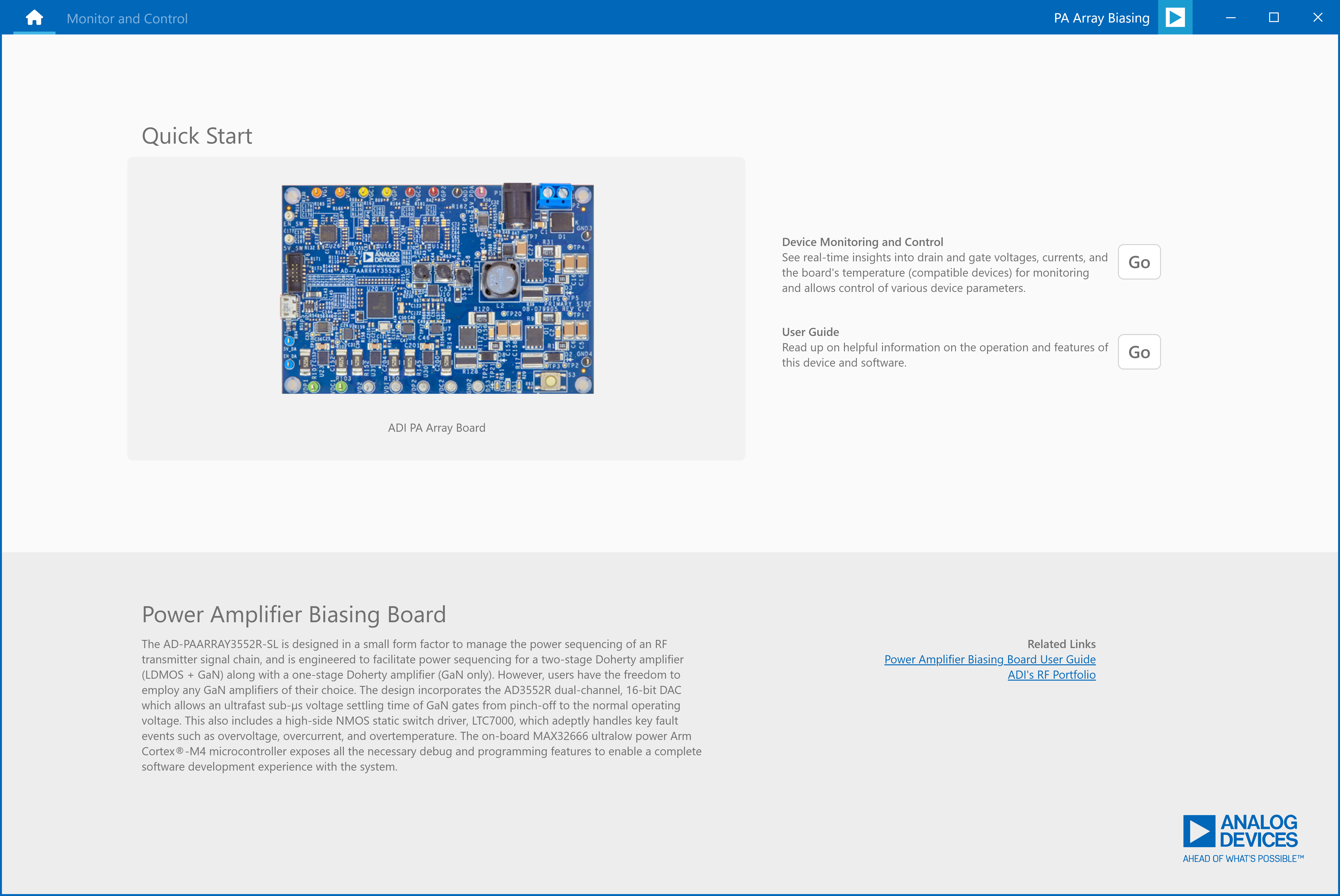 https://media.githubusercontent.com/media/analogdevicesinc/system-level/main/docs/solutions/reference-designs/ad-paarray3552r-sl/hardware-guide/gui_home.png