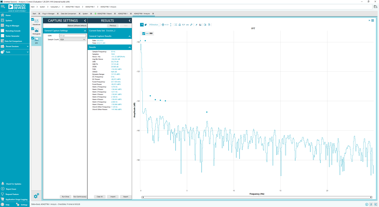 https://media.githubusercontent.com/media/analogdevicesinc/system-level/main/docs/solutions/reference-designs/ad7768-1-evb/images/fig_32_fft_plot_for_a_typical_dc_measurement_with_gain2_mode_input_shorted_odr_50sps_1024_samples.png