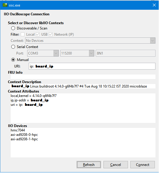 IIO Oscilloscope connection dialog