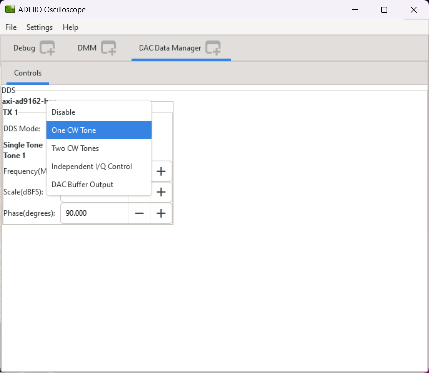 DAC Data Manager tab showing DDS configuration interface