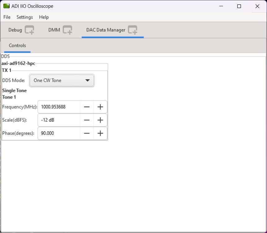 DAC Data Manager configured for 1 GHz CW tone output