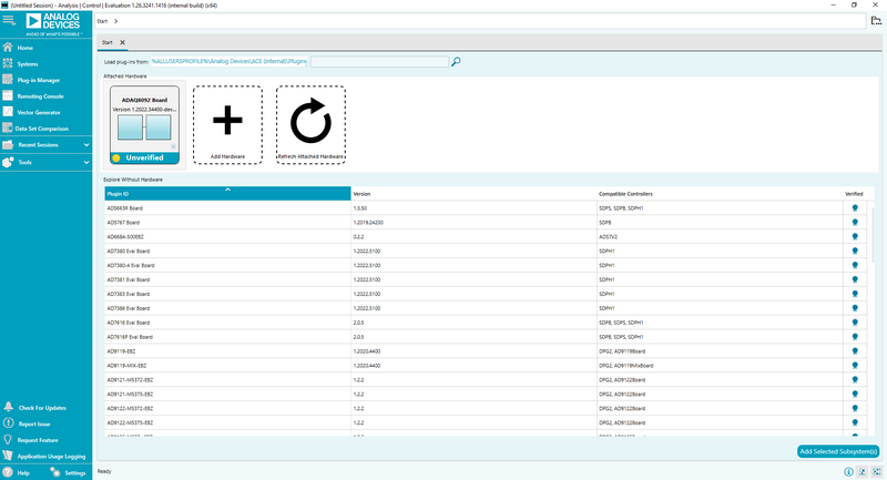https://media.githubusercontent.com/media/analogdevicesinc/system-level/main/docs/solutions/reference-designs/eval-adaq8092-fmc/images/start_window_final.png