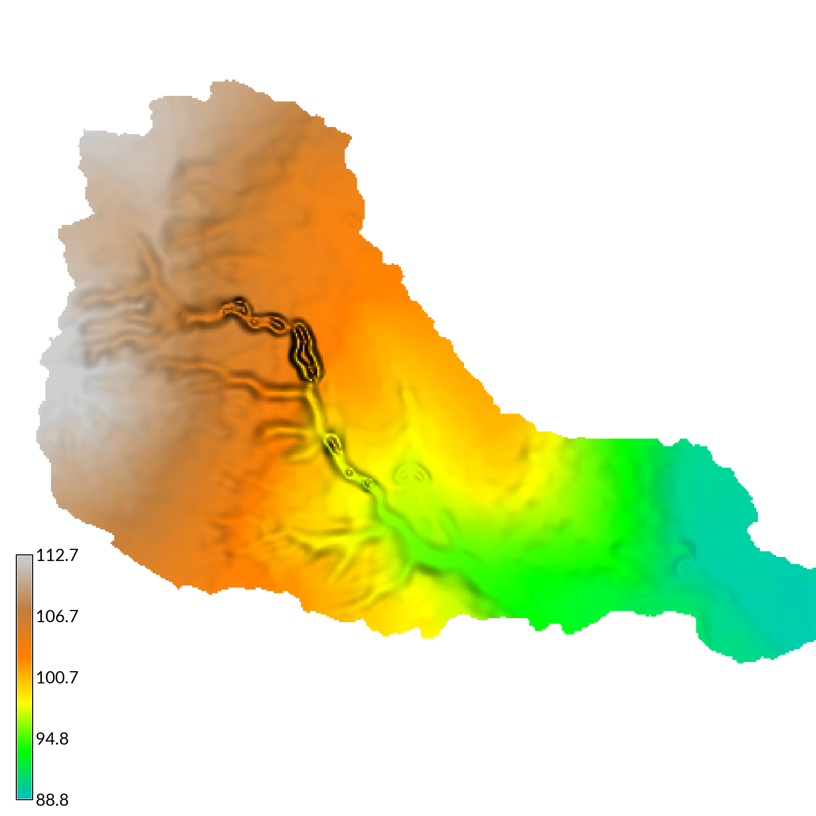 Elevation simulated by SIMWE after a 50 mm/hr rainfall event lasting 120 min