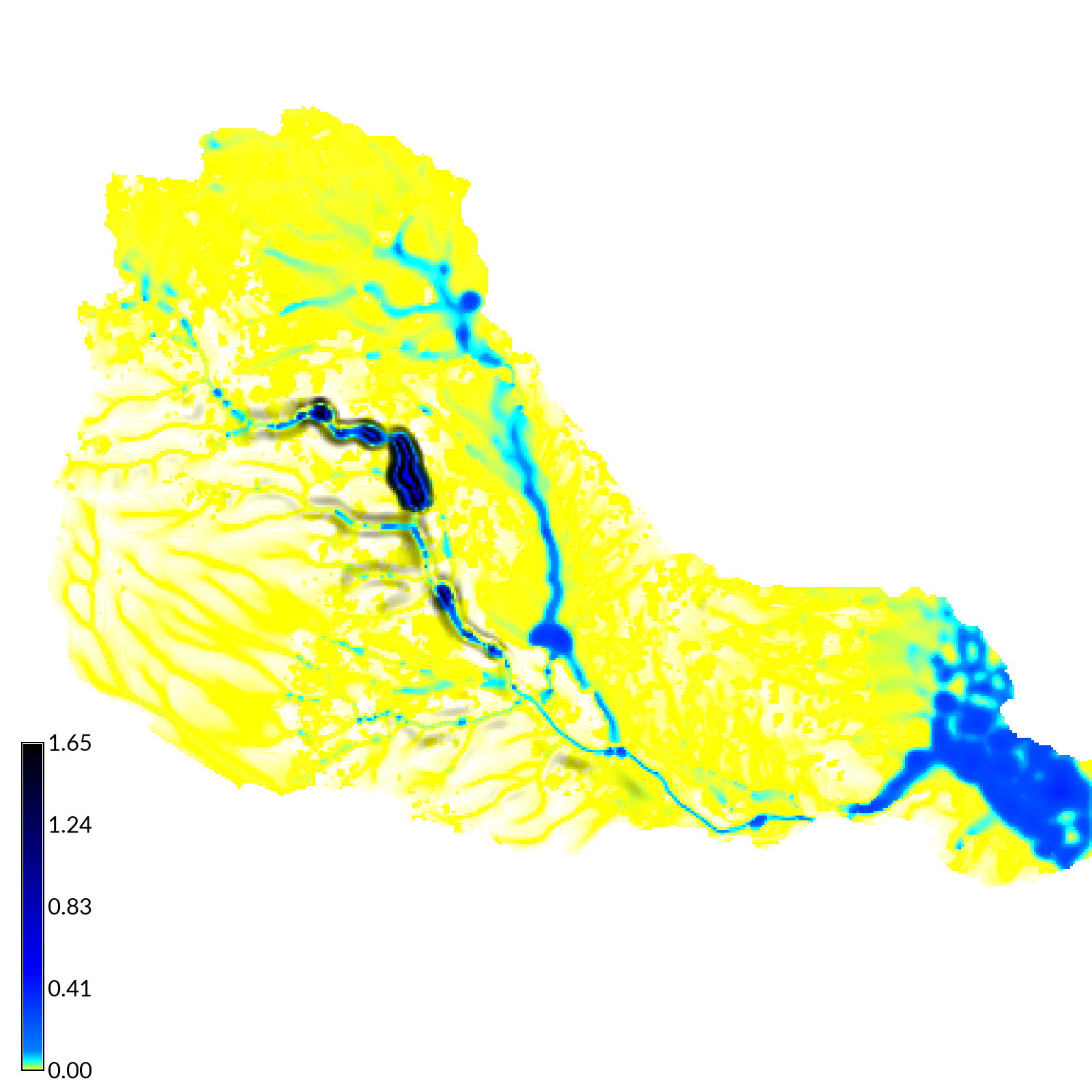 Water depth simulated by SIMWE after a 50 mm/hr rainfall event lasting 120 min